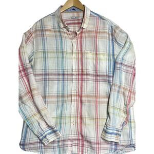 Tommy Bahama Men's Shirt Button Down 100% Linen Size Large Pastel Plaid
